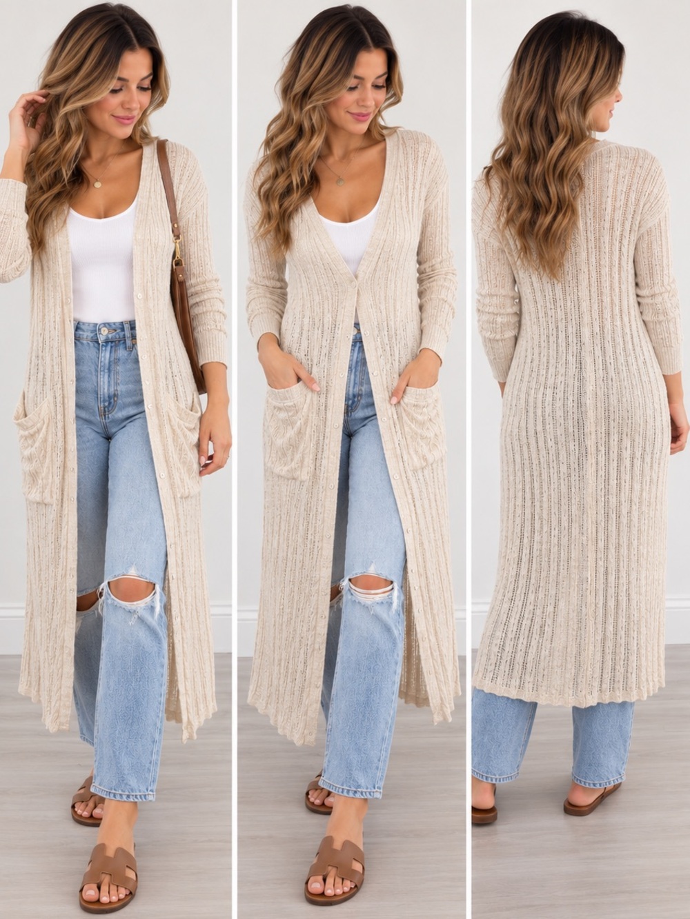 (#J) Free People Shadow Stripe Pocket Cardi Duster Cardigan Ivory XS